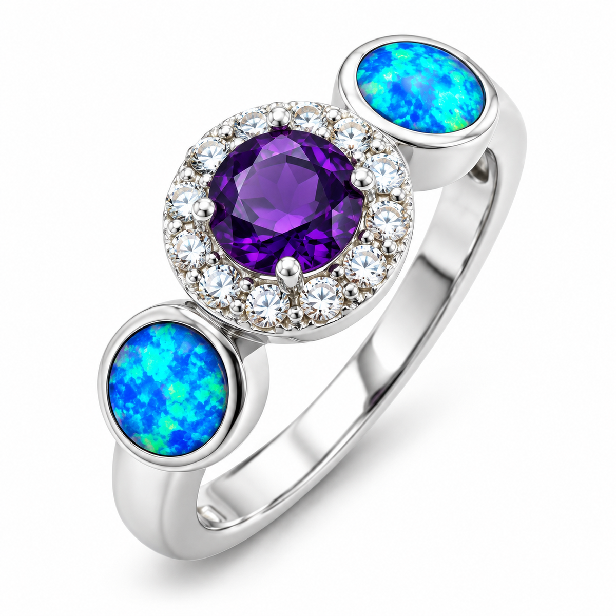 11010 sterling silver amethyst-purple CZ ring with blue opal