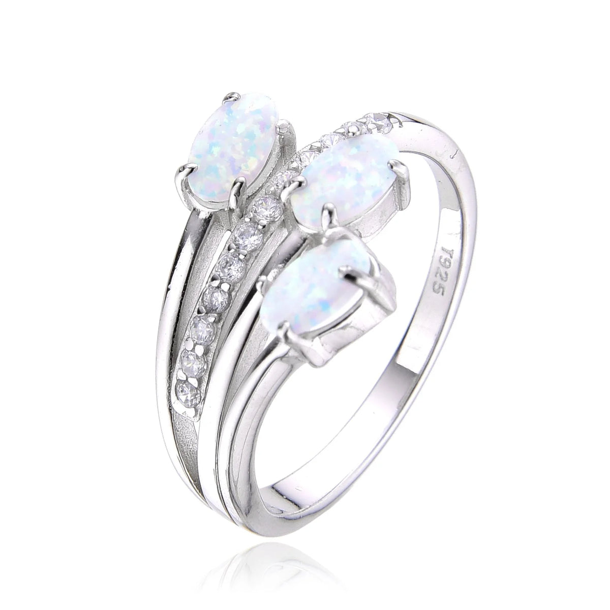925 Sterling Silver Lab Grown   Blue & White Opal 3 stone ring-11029-k17