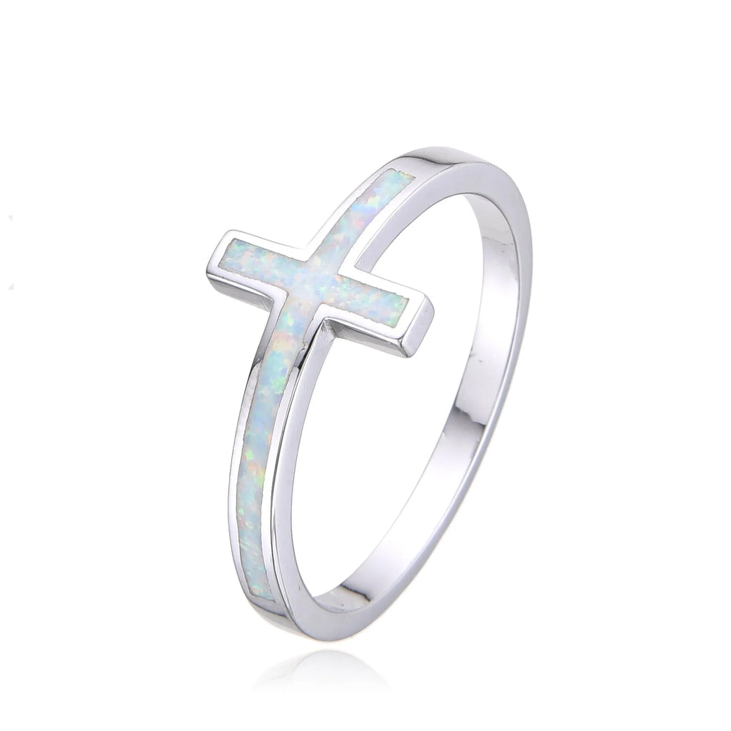 925 Sterling Silver Lab Grown White OPal sideway Cross Ring-11099-k17