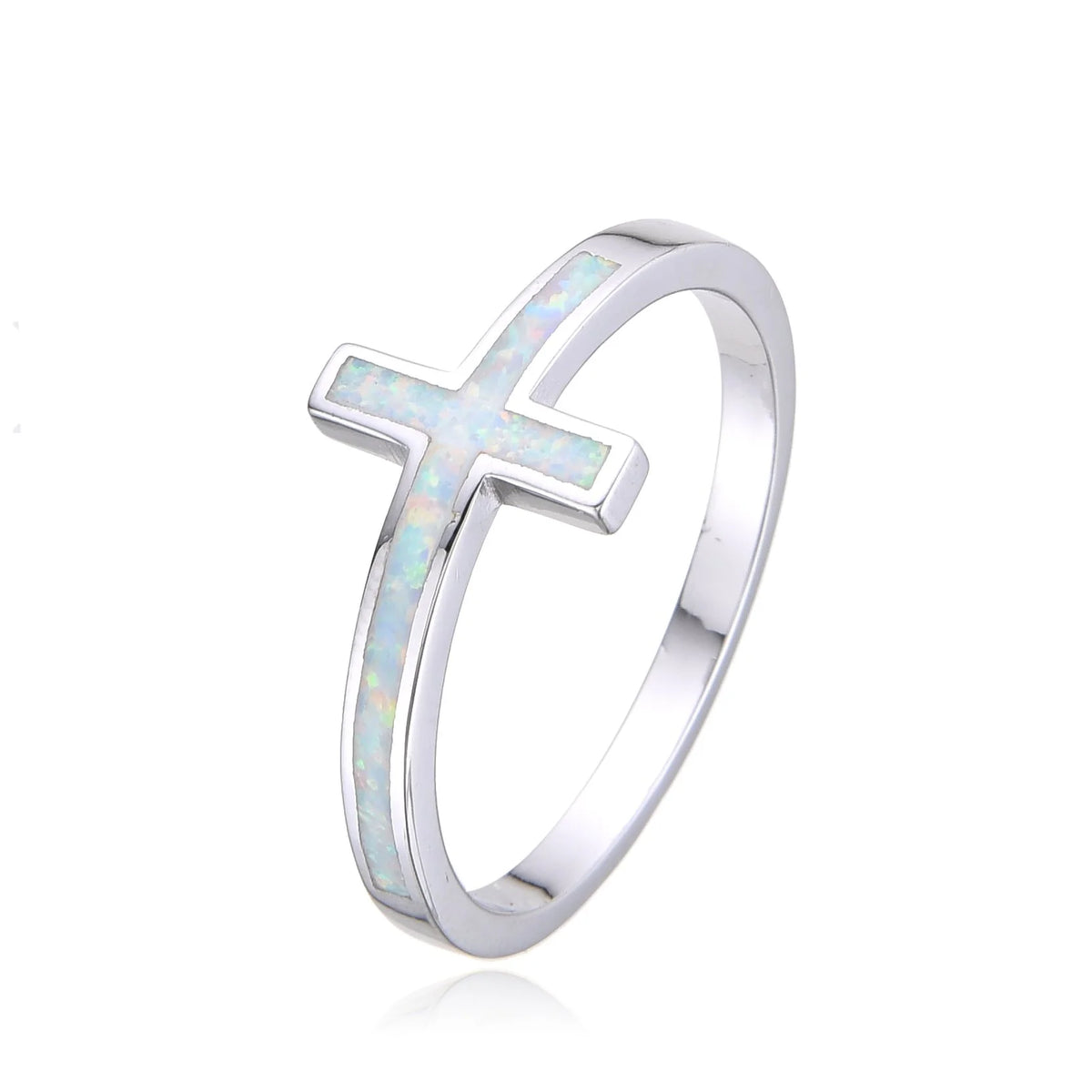 925 Sterling Silver Lab Grown White OPal sideway Cross Ring-11099-k17