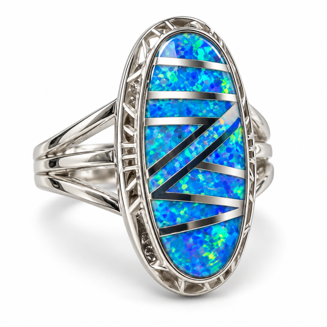 925 Sterling Silver Blue or white Lab-Created Opal Elongated oval Ring - 111060-k5