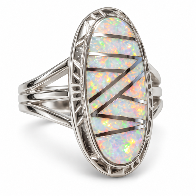 925 Sterling Silver Blue or white Lab-Created Opal Elongated oval Ring - 111060-k5