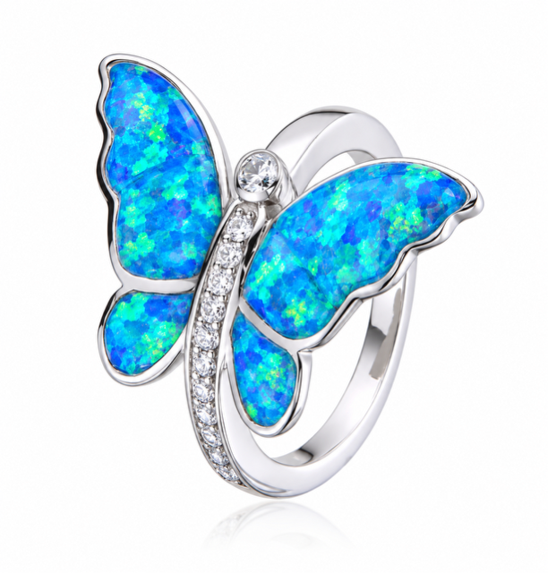 925 Sterling Silver Blue or white  Lab-Created Opal  Butterfly Ring - 111068-k5