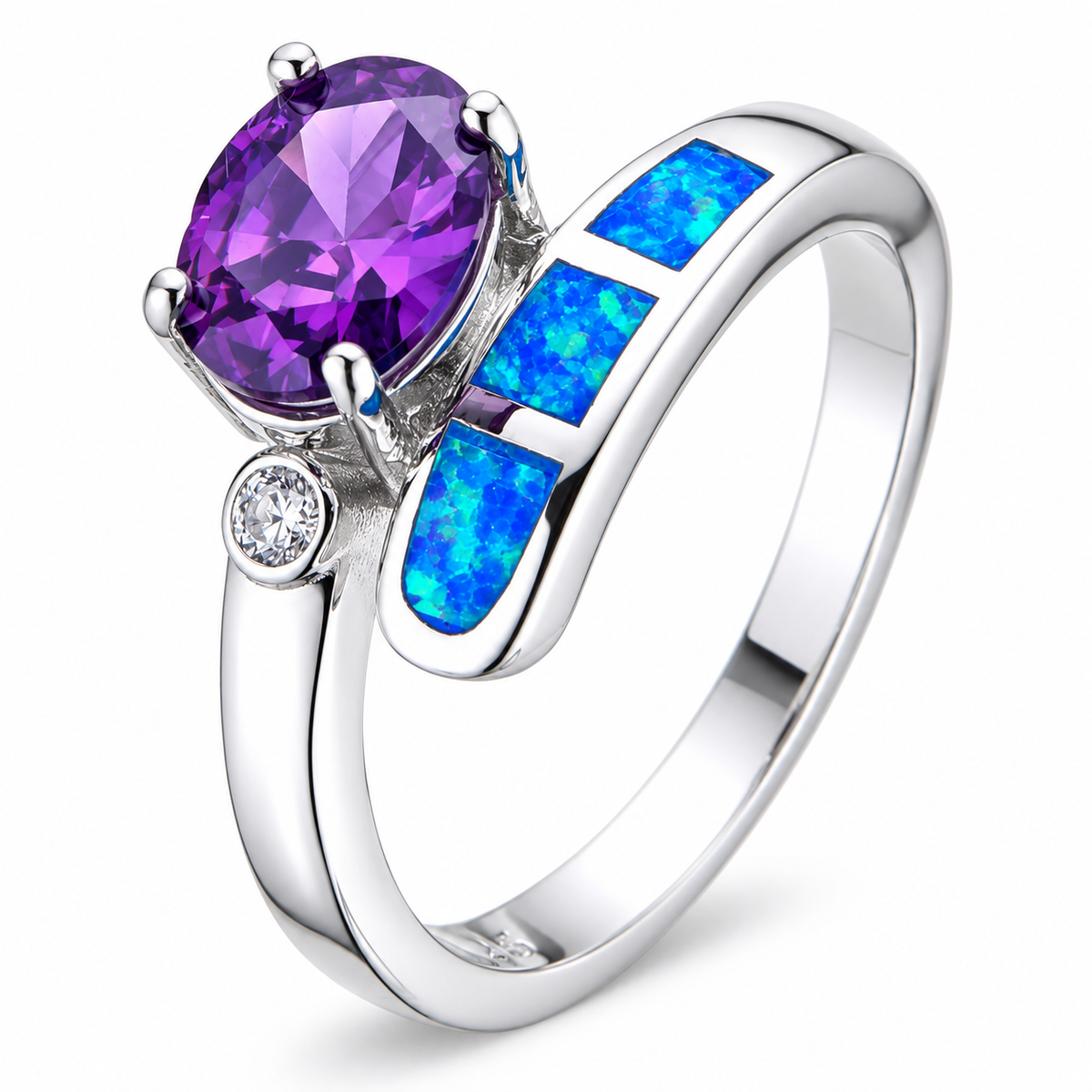 111100 sterling silver amethyst-purple CZ ring with blue opal