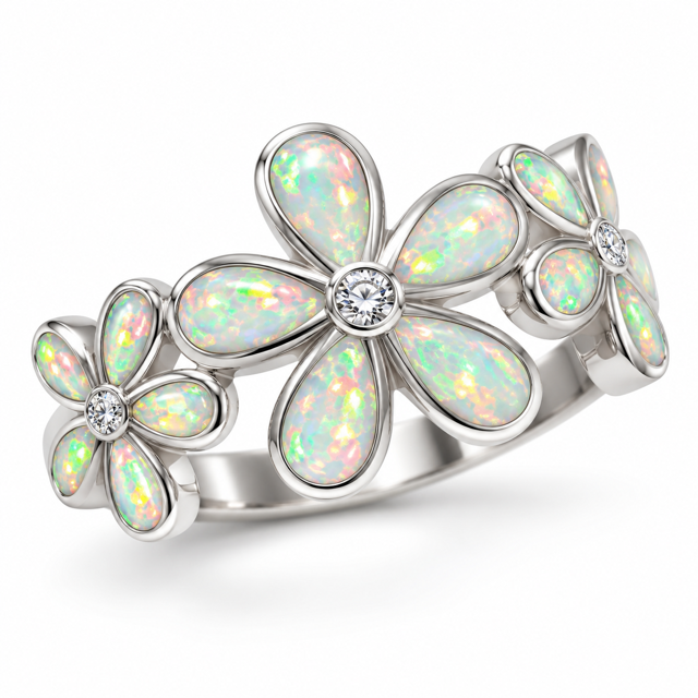 925 Sterling Silver  blue or white -Created Opal Plumeria Hawaiian Ring - 111158