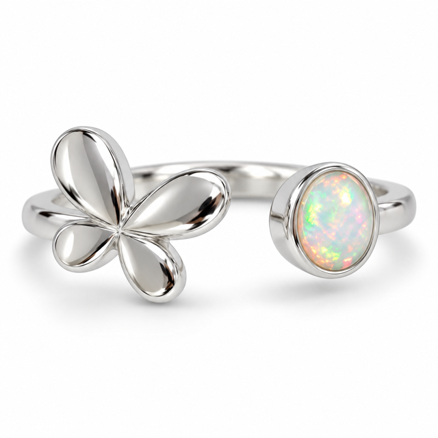 925 Sterling Silver Butterfly Ring with  Lab-Created blue or white  Opal Ring - 111160-k5