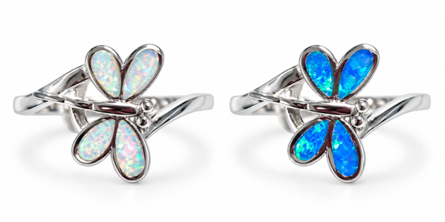 925 Sterling Silver Dragonfly Ring with  blue or white Lab-Created Opal - 111161-k5