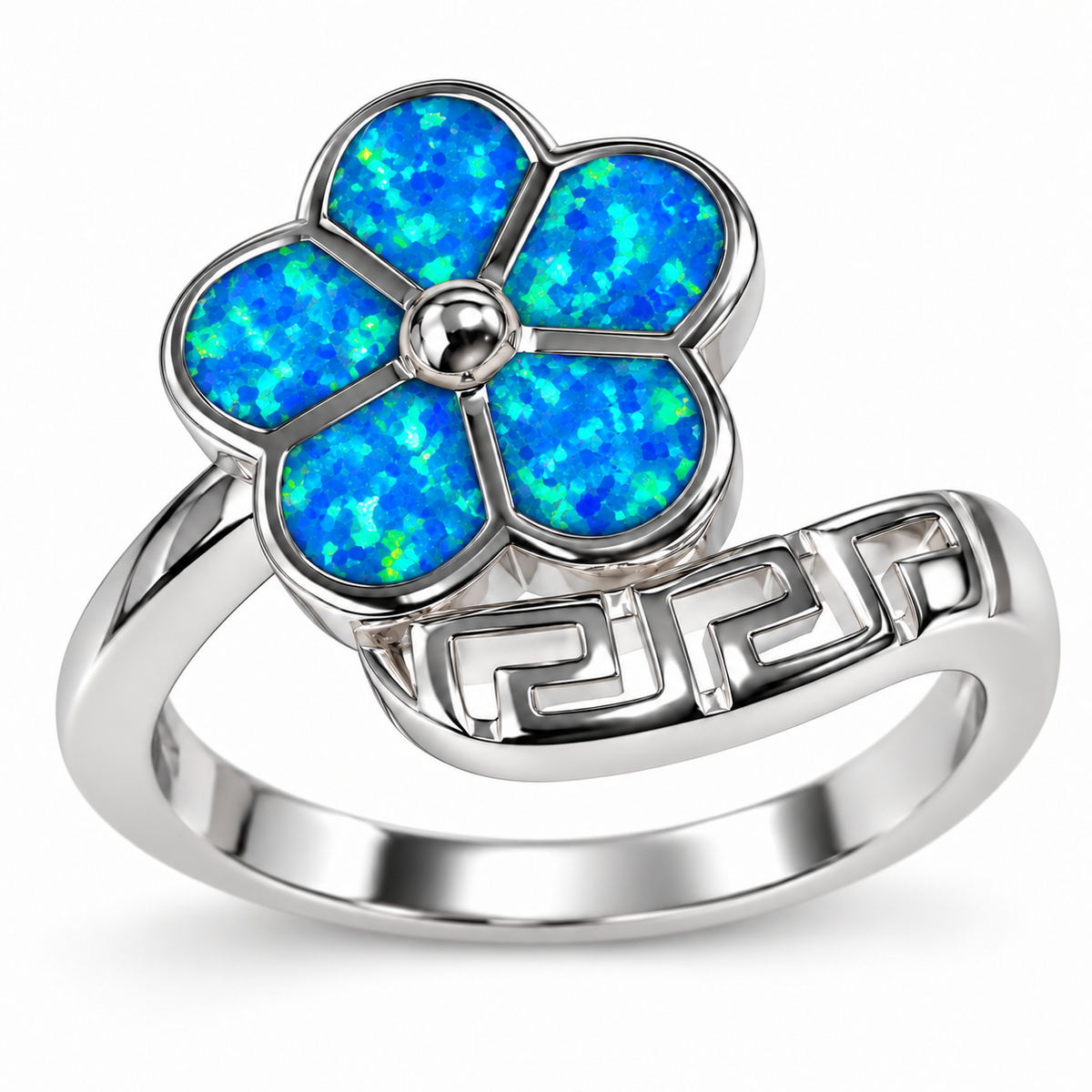 925 Sterling Silver Lab-Created blue or white Opal Greek Key Plumeria Hawaiian flower Ring - 111162