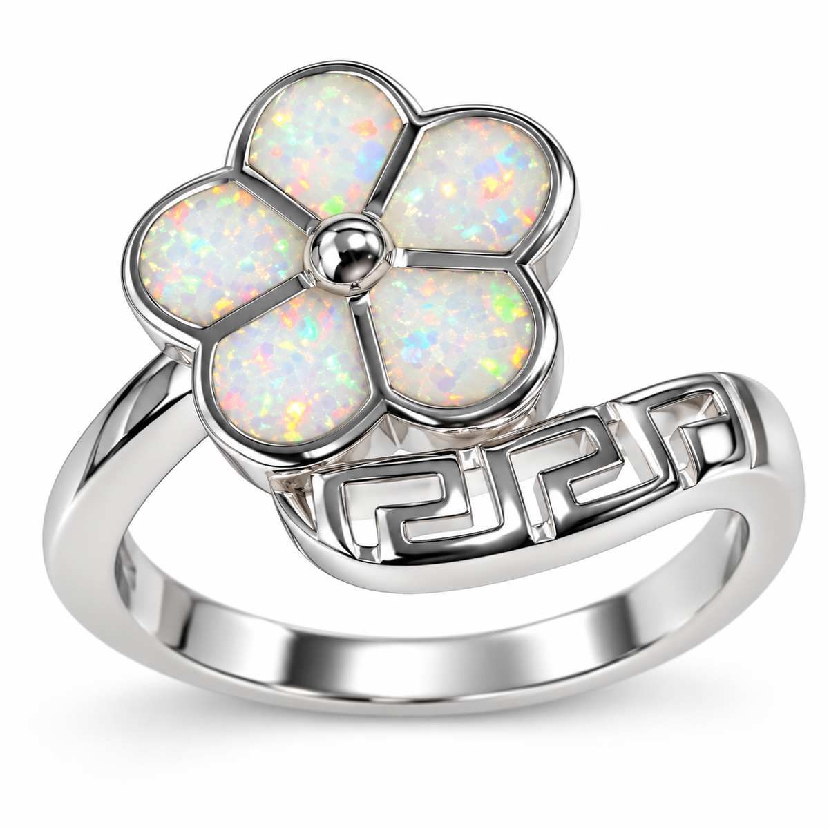 925 Sterling Silver Lab-Created blue or white Opal Greek Key Plumeria Hawaiian flower Ring - 111162