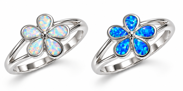 925 Sterling Silver Lab-Created Blue or White Opal Plumier Hawaiian flower  Ring - 111236-k5