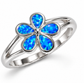 925 Sterling Silver Lab-Created Blue or White Opal Plumier Hawaiian flower  Ring - 111236-k5