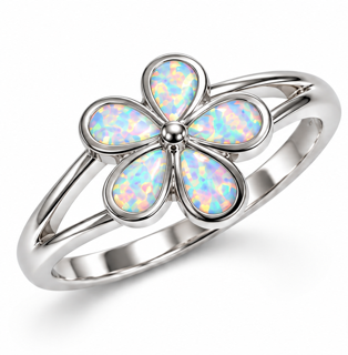 925 Sterling Silver Lab-Created Blue or White Opal Plumier Hawaiian flower  Ring - 111236-k5