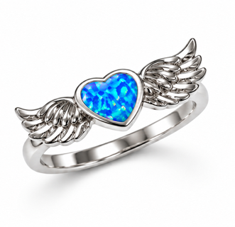 925 Sterling Silver Lab-Created Blue or White Opal Angle Wings heart Ring - 111299-k5