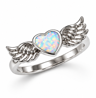 925 Sterling Silver Lab-Created Blue or White Opal Angle Wings heart Ring - 111299-k5