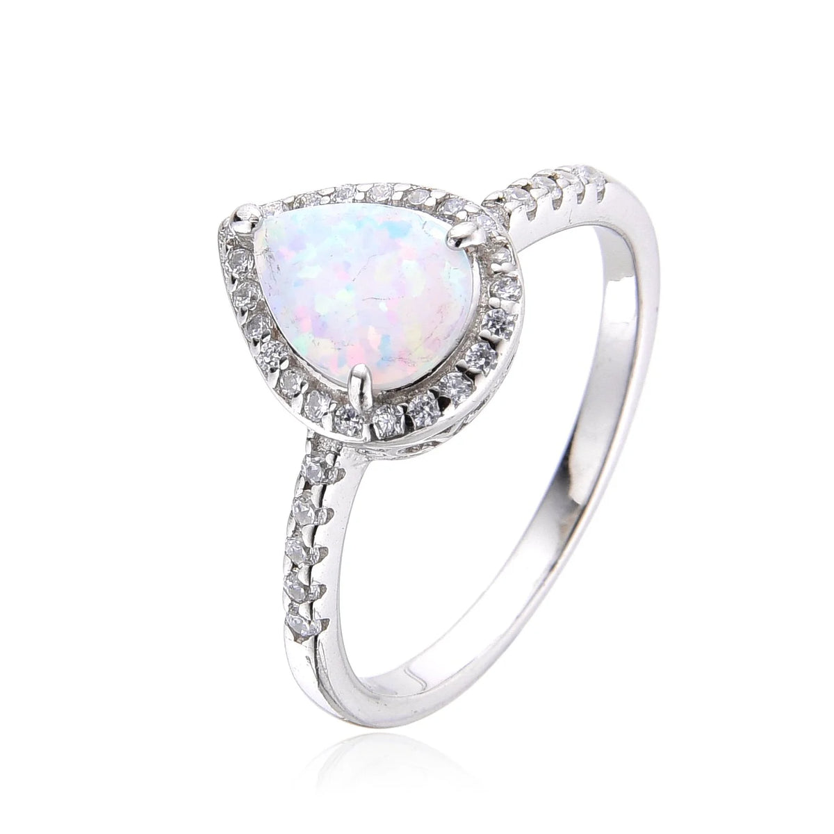 925 Sterling Silver Lab Grown White  Opal drop shape halo ring-11130-k17