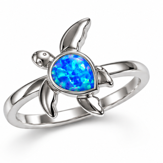 925 Sterling Silver Lab-Created Blue or white Opal Turtle  Ring - 111362-k5