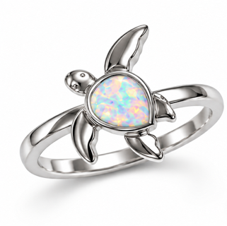 925 Sterling Silver Lab-Created Blue or white Opal Turtle  Ring - 111362-k5