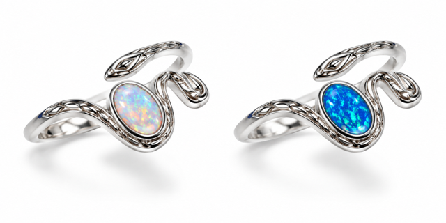 925 Sterling Silver Snake  Lab-Created  Blue or White Opal Ring - 111384-k5