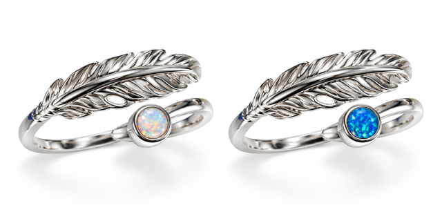 925 Sterling Silve Feather Ring with Lab-Created  Blue or white Opal Ring - 111385-k5