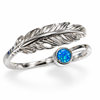 925 Sterling Silve Feather Ring with Lab-Created  Blue or white Opal Ring - 111385-k5