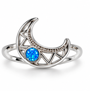 925 Sterling Silver Cresent Moon Ring with Lab-Created Blue or White Opal- 111387-k5