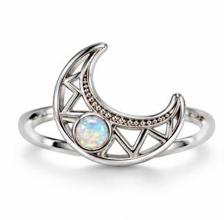 925 Sterling Silver Cresent Moon Ring with Lab-Created Blue or White Opal- 111387-k5