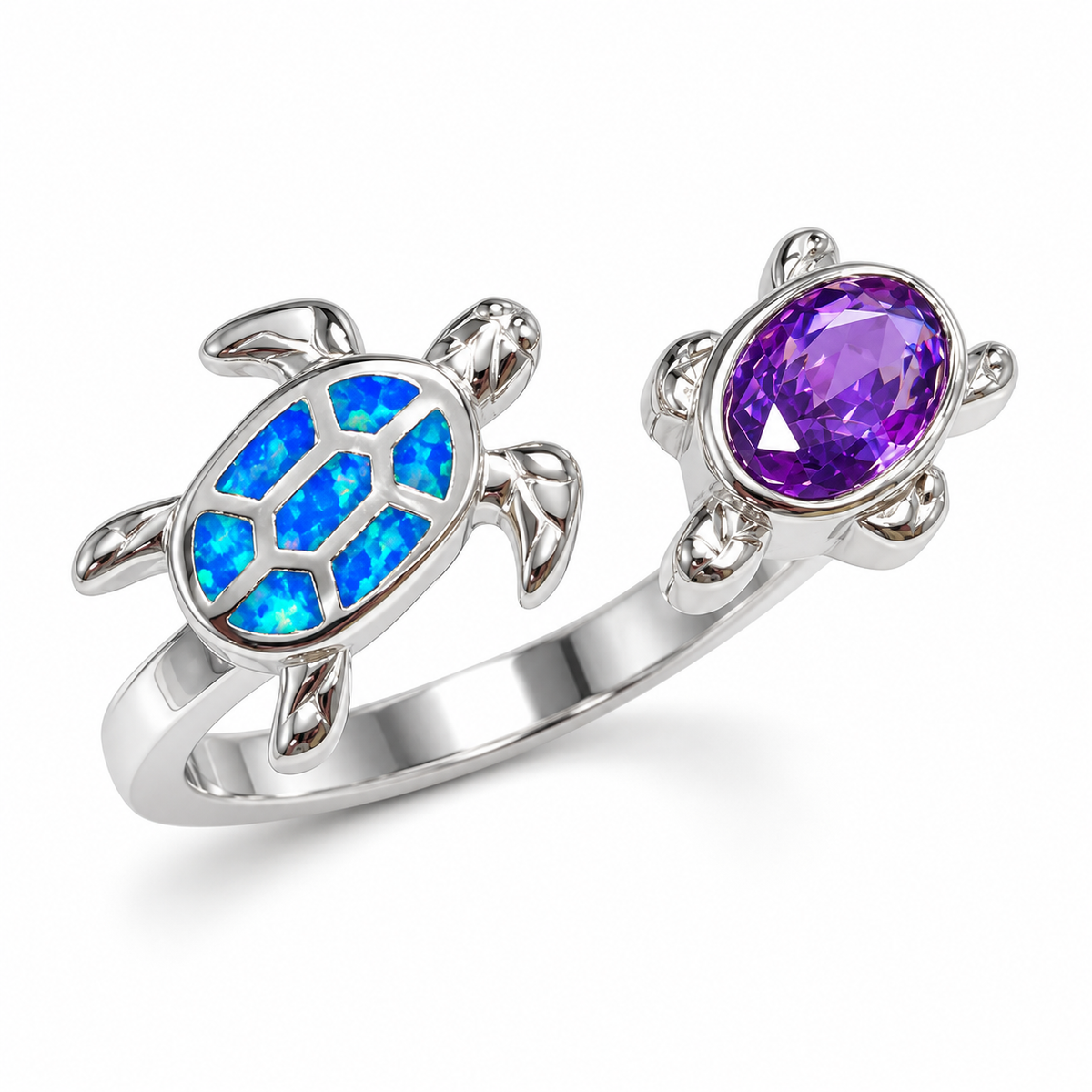 111398 sterling silver amethyst-purple CZ ring with blue opal