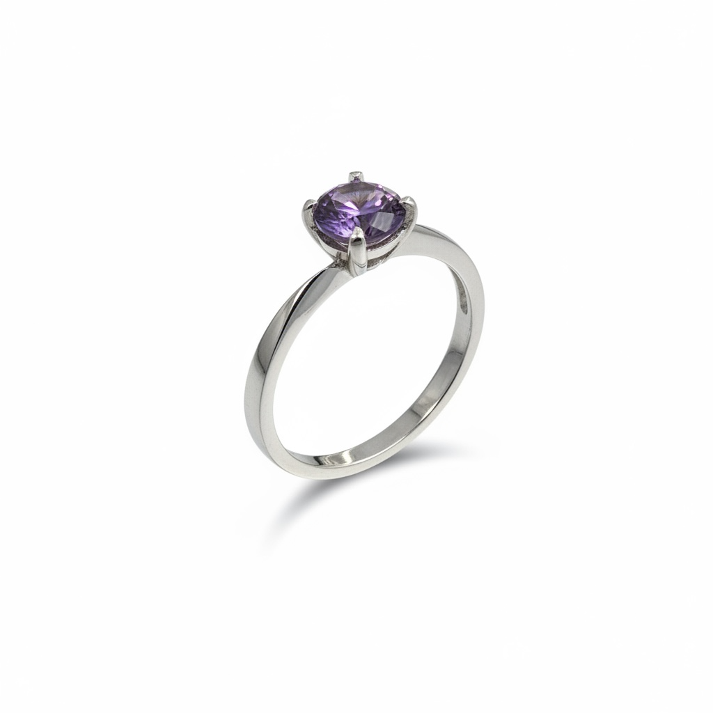 925 Silver Solitaire Ring with cz Amethyst color Stone Round 1 karat stone-111414-cz09