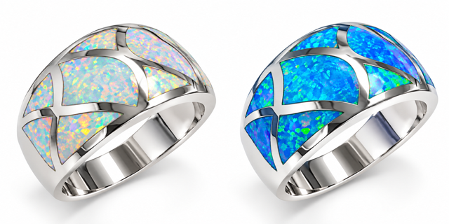 925 Sterling Silver Lab-Created inlay Dome wide band  Opal Ring - 111424