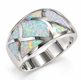 925 Sterling Silver Lab-Created inlay Dome wide band  Opal Ring - 111424