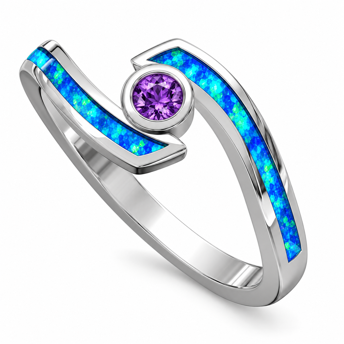 111544 sterling silver amethyst-purple CZ ring with blue opal