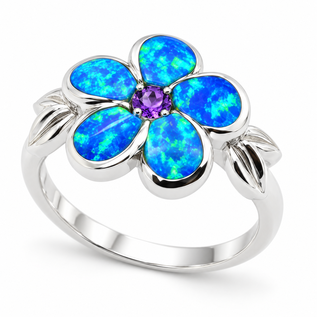 11164 sterling silver amethyst-purple CZ ring with blue opal
