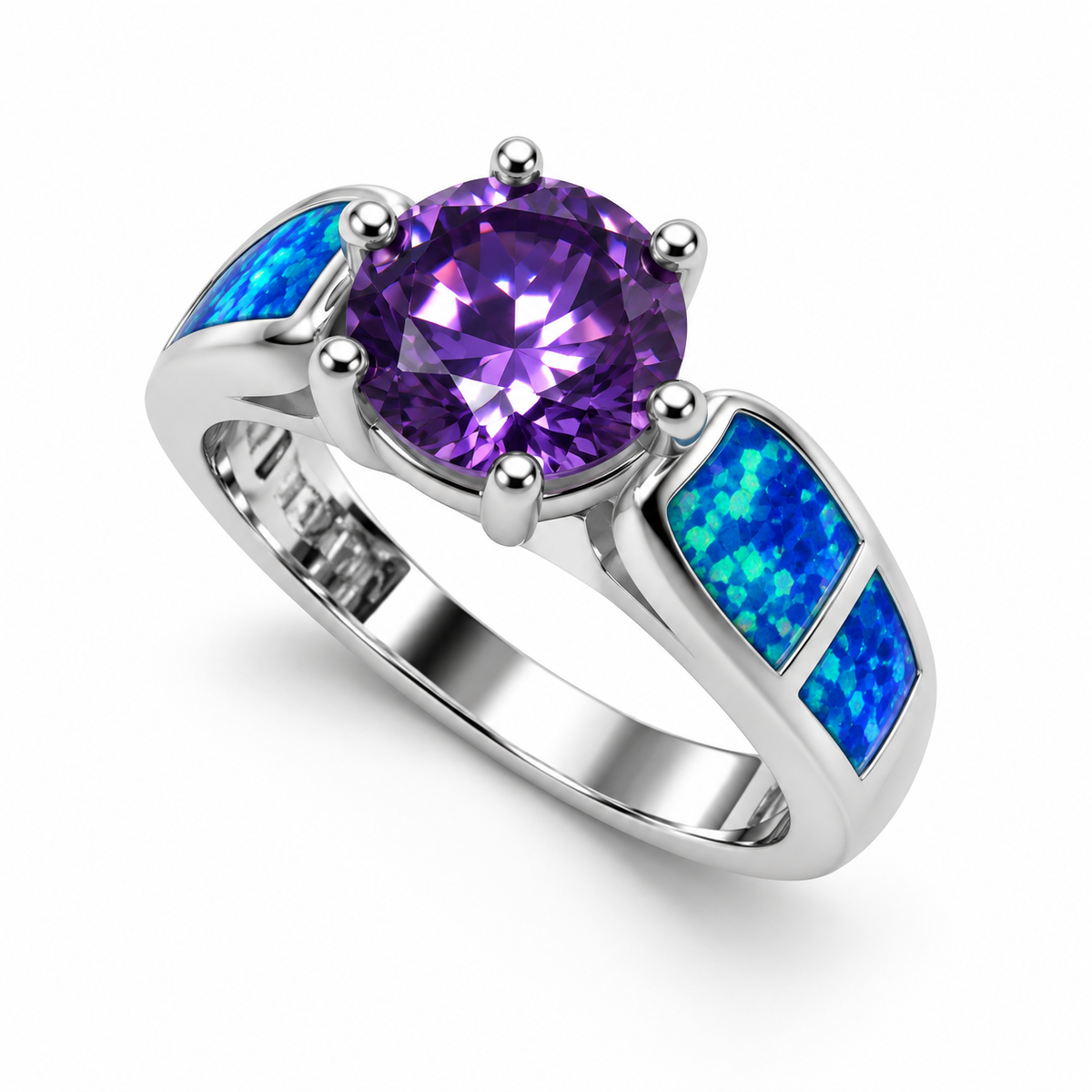11186 sterling silver amethyst-purple CZ ring with blue opal