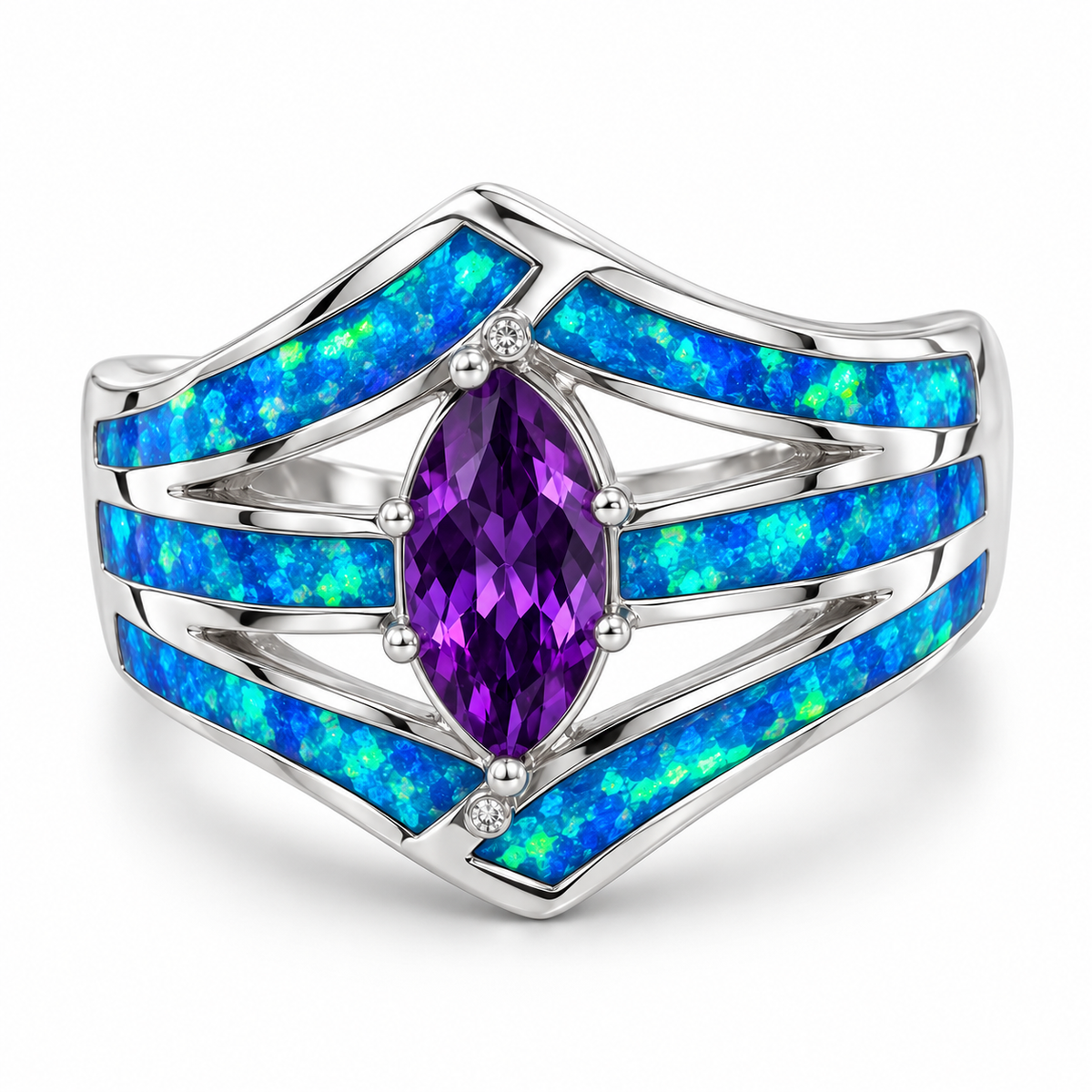 11194A sterling silver amethyst-purple CZ ring with blue opal