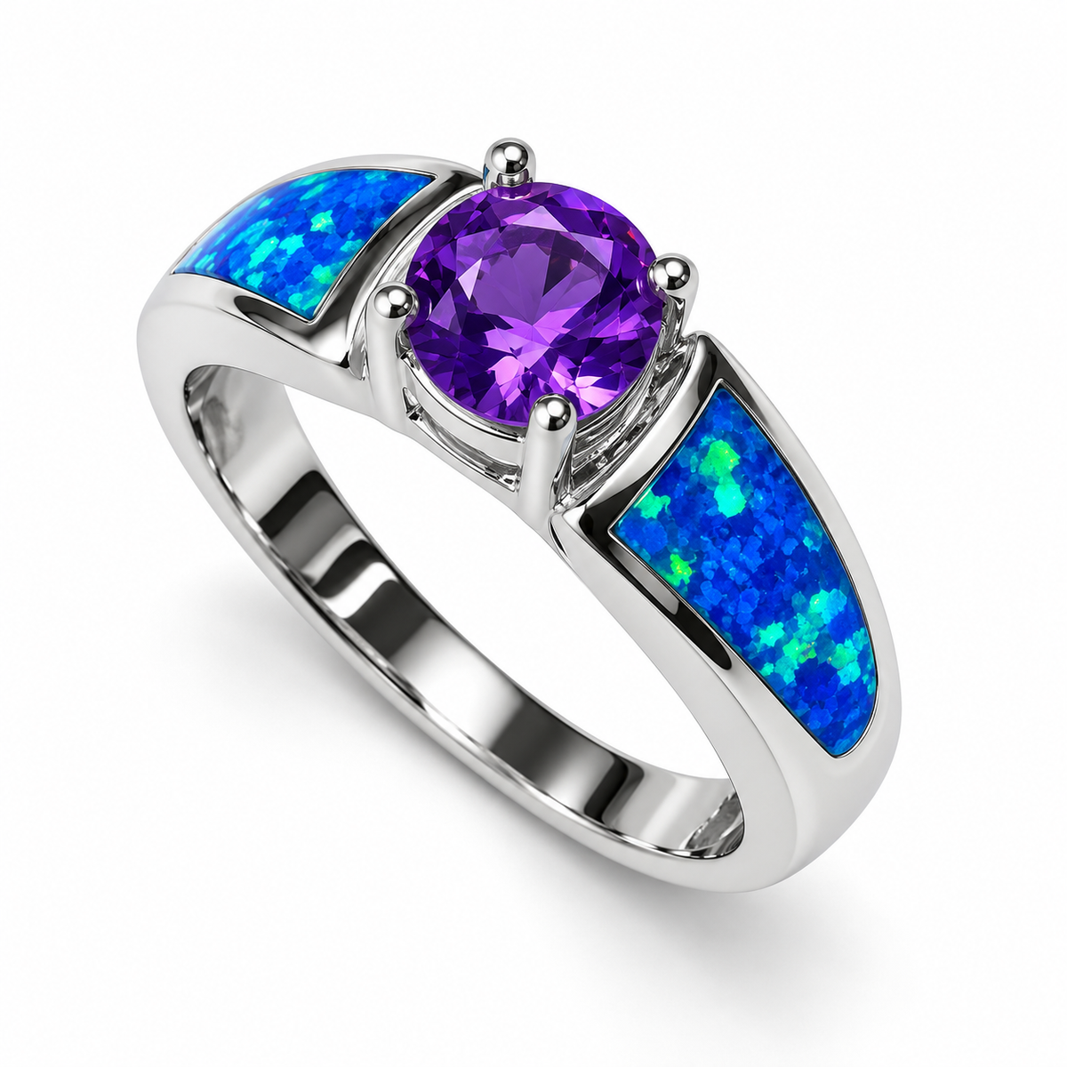 11197 sterling silver amethyst-purple CZ ring with blue opal