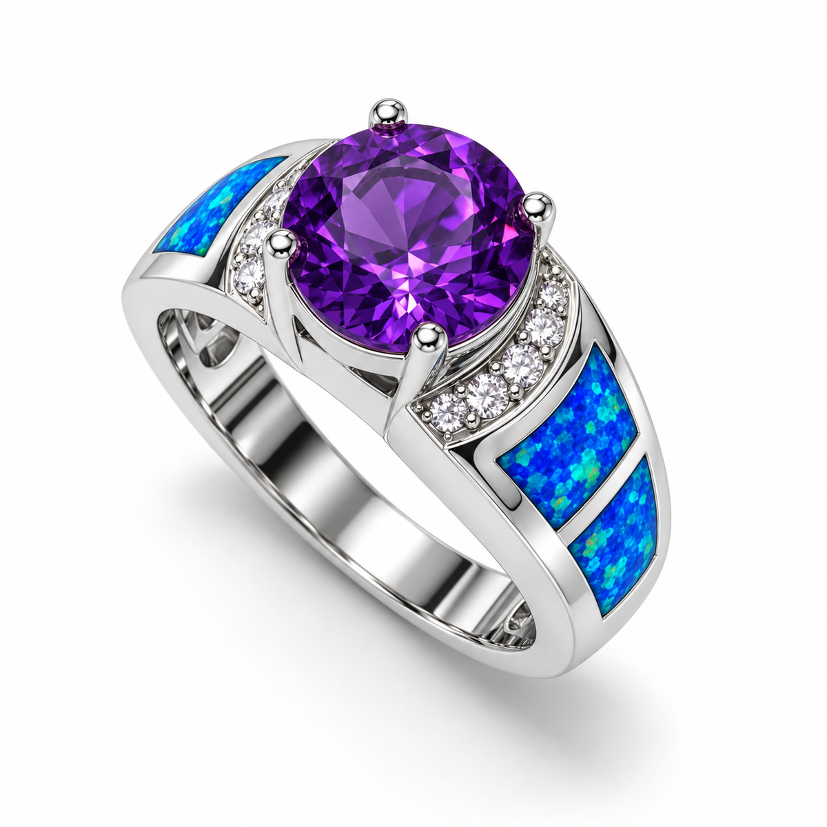 11200 sterling silver amethyst-purple CZ ring with blue opal