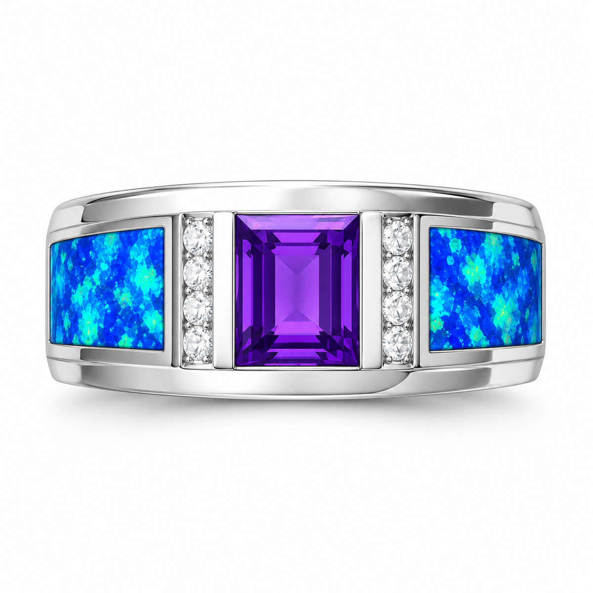 11218 sterling silver amethyst-purple CZ ring with blue opal