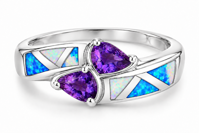 Sterling Silver Amethyst-Purple CZ & Blue or White Opal  Maquise crossover Ring - 11219