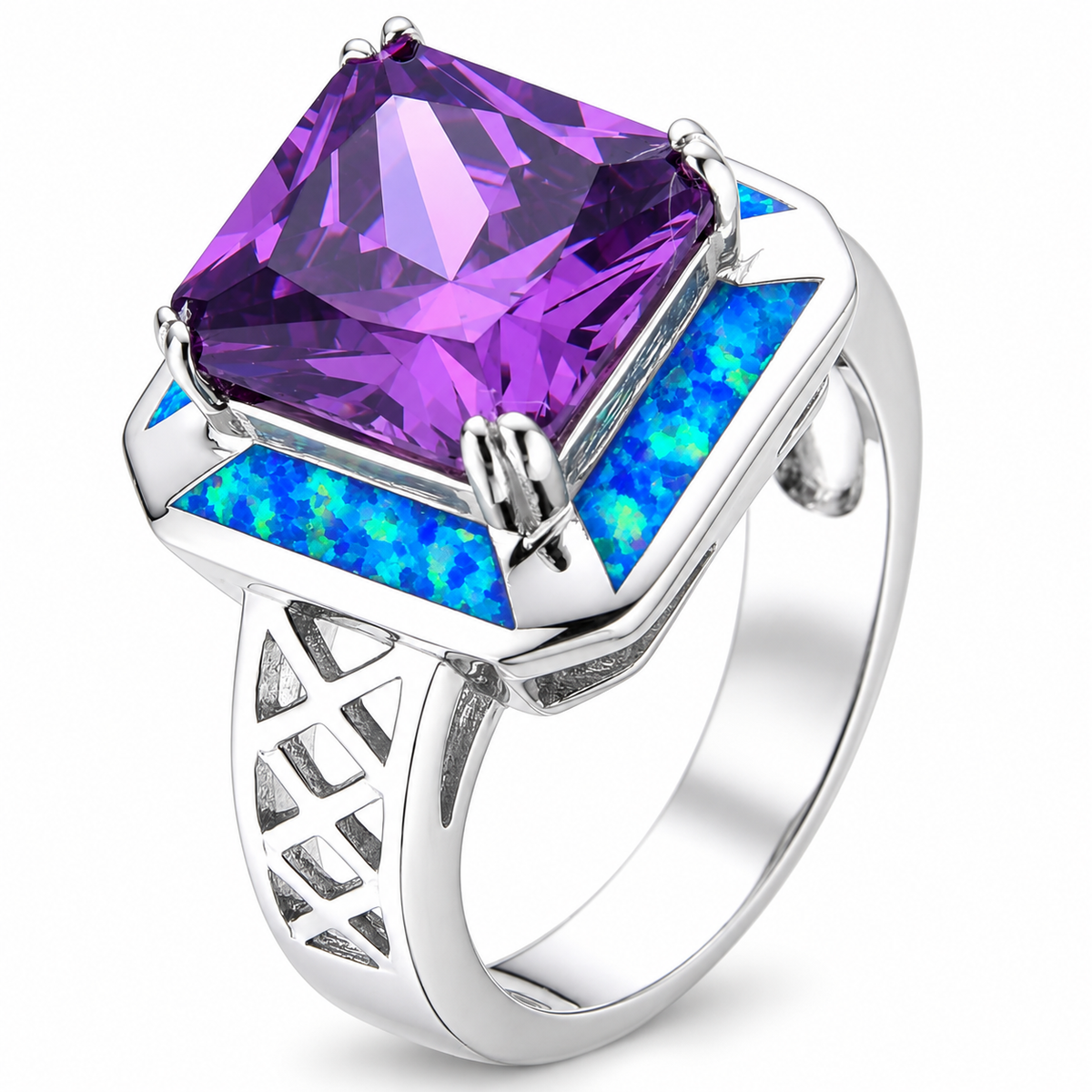 11225 sterling silver amethyst-purple CZ ring with blue opal