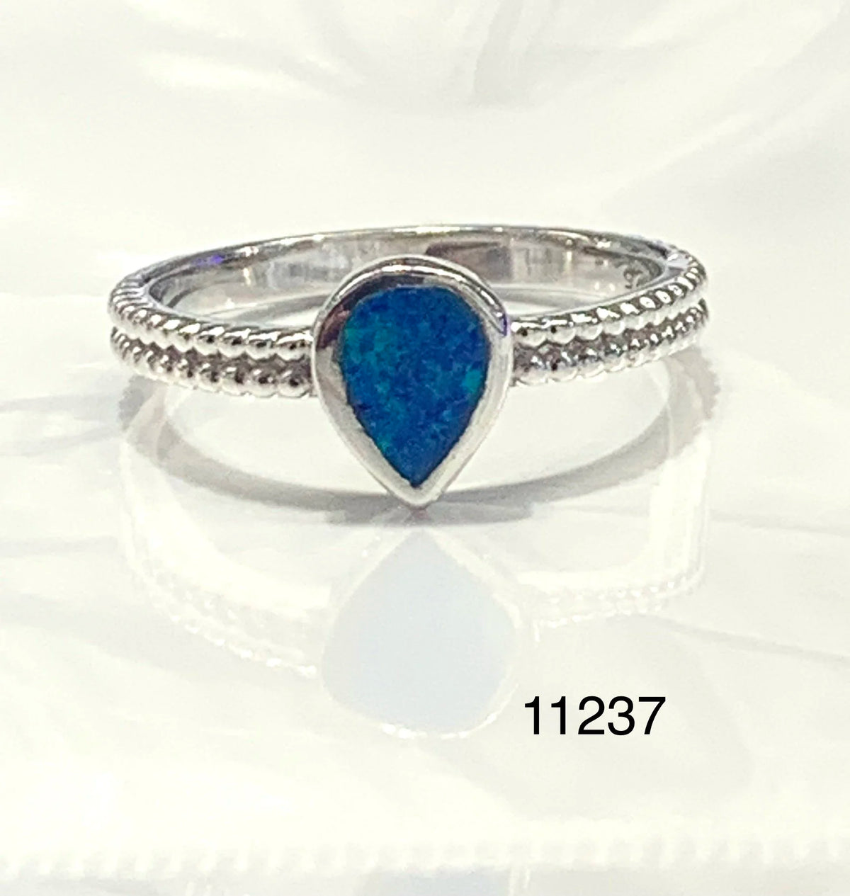 925 Sterling Silver Lab Grown Blue OPal Drop Shape band ring vintage  style - 11237-k5