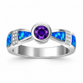 11252 sterling silver amethyst-purple CZ ring with blue opal
