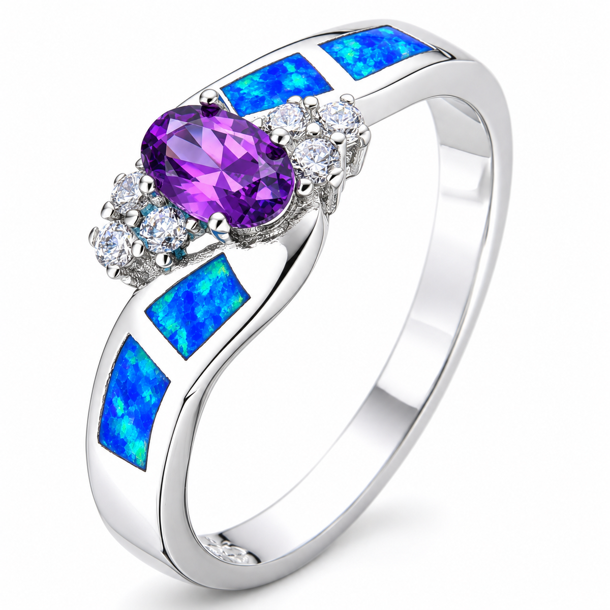 11341 sterling silver amethyst-purple CZ ring with blue opal