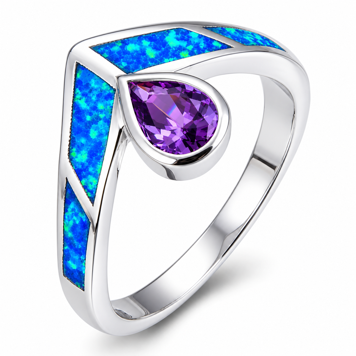 11345 sterling silver amethyst-purple CZ ring with blue opal