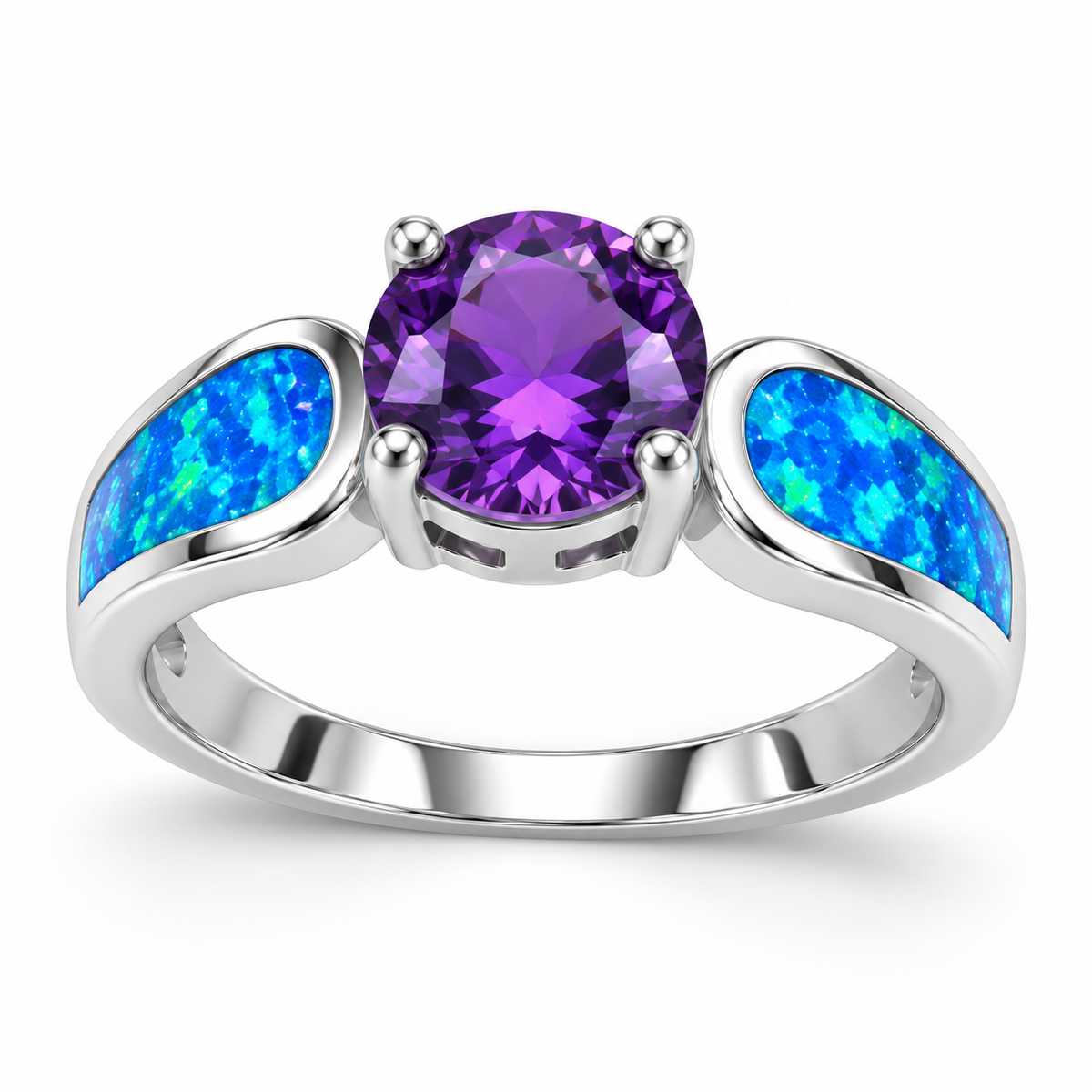 11346 sterling silver amethyst-purple CZ ring with blue opal