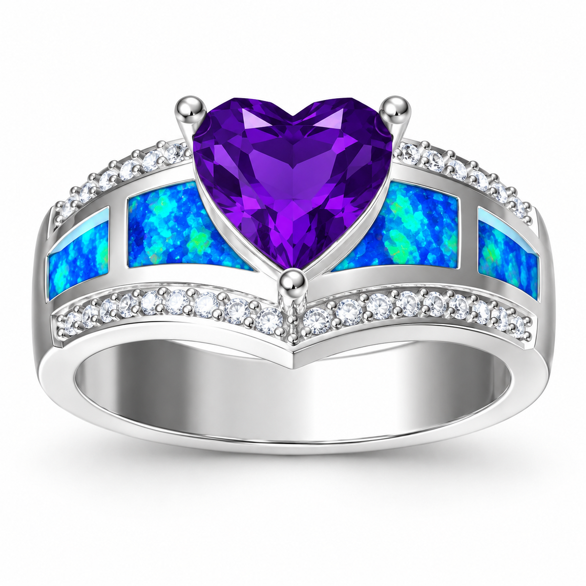 11366 sterling silver amethyst-purple CZ ring with blue opal