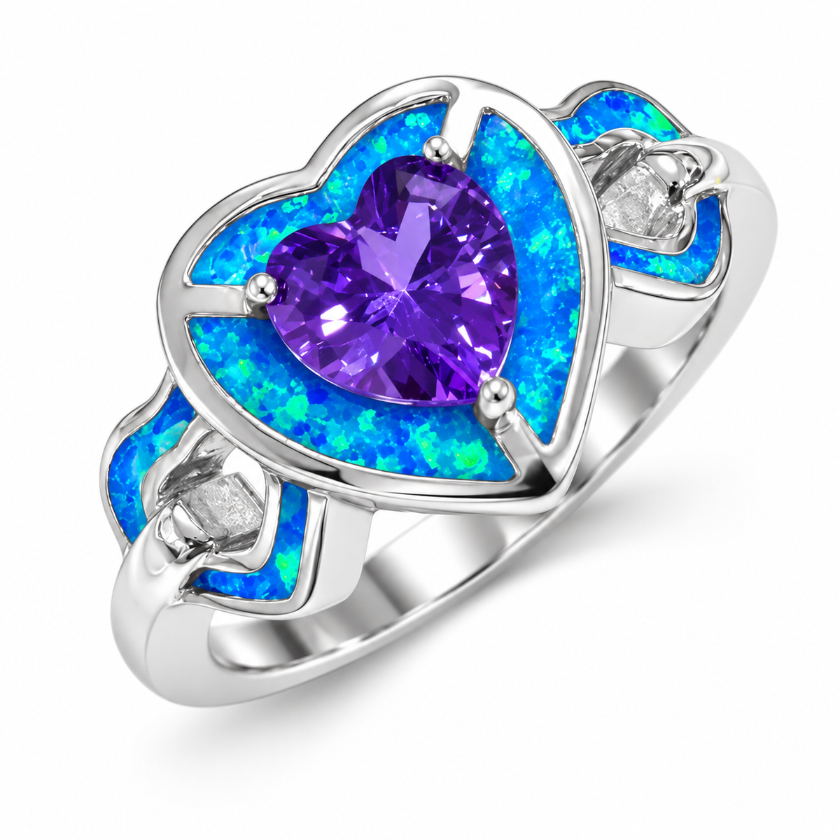 11417 sterling silver amethyst-purple CZ ring with blue opal