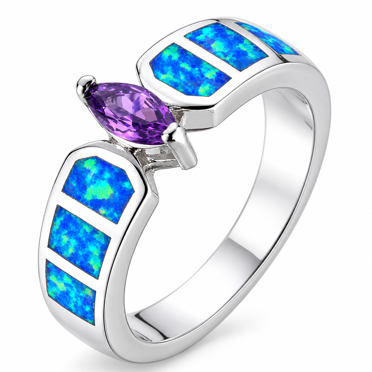 11575 sterling silver amethyst-purple CZ ring with blue opal