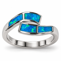 925 Sterling Silver blue or white Lab-Created Opal inlay bypass Ring - 11627