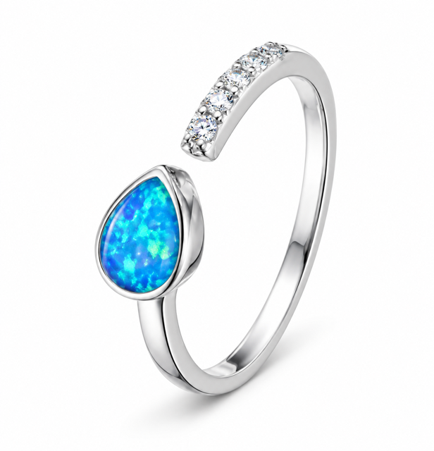 925 Sterling Silver blue or white Lab-Created Opal  Teardrop & CZ  open Ring - 11633
