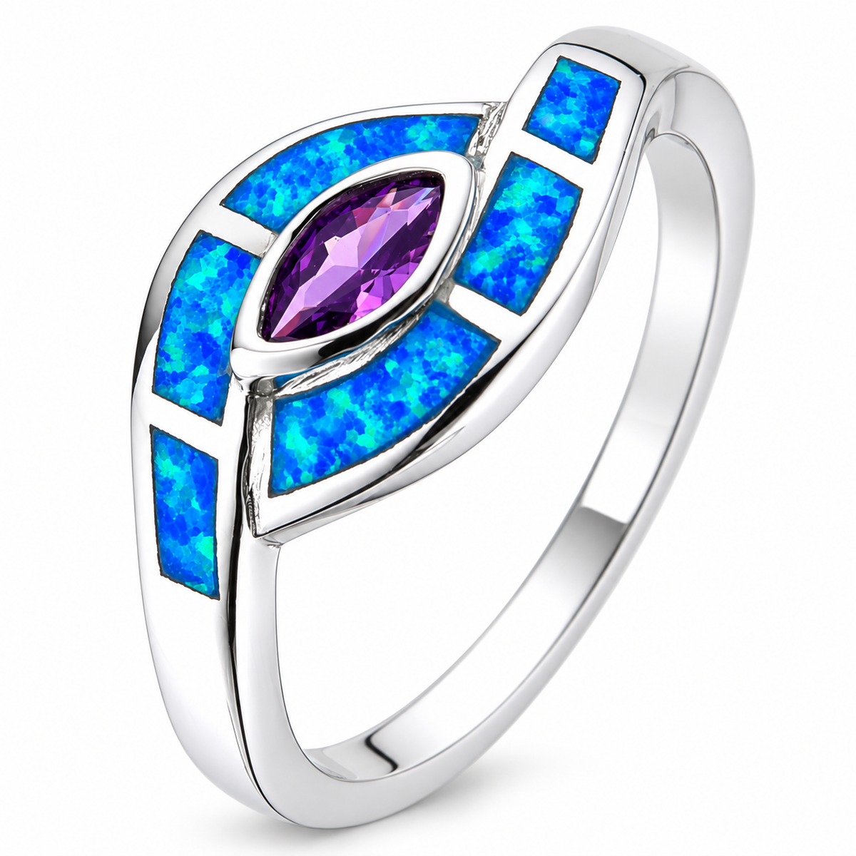 11697 sterling silver amethyst-purple CZ ring with blue opal